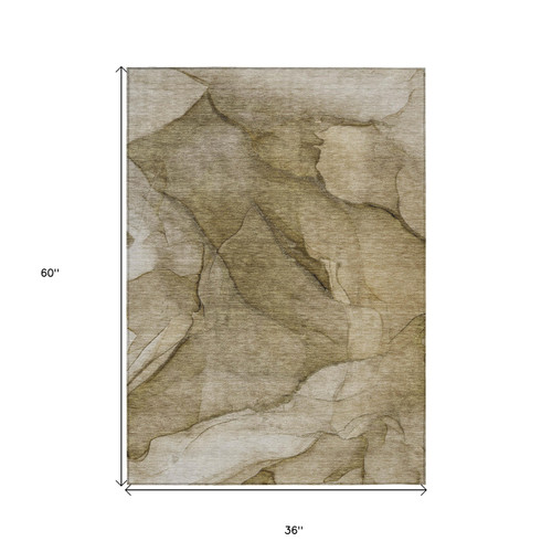 3' X 5' Brown Beige And Taupe Abstract Washable Indoor Outdoor Area Rug