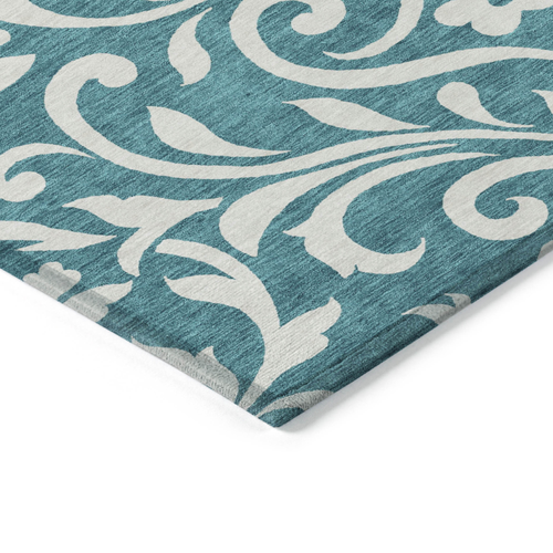 3' X 5' Teal Blue And Ivory Floral Washable Indoor Outdoor Area Rug