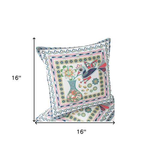 Set of Two 16" X 16" Pink and White Peacock Blown Seam Floral Indoor Outdoor Throw Pillow Polyester Modern Style