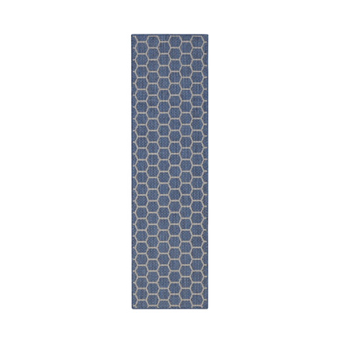 8' Blue And Ivory Geometric Indoor Outdoor Runner Rug