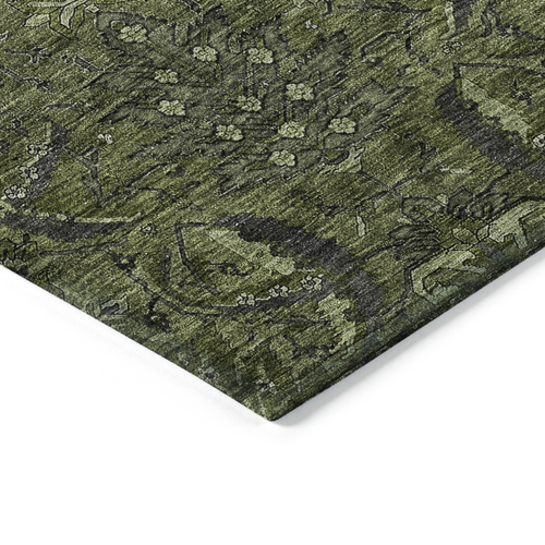 3' X 5' Olive Green And Charcoal Damask Washable Indoor Outdoor Area Rug