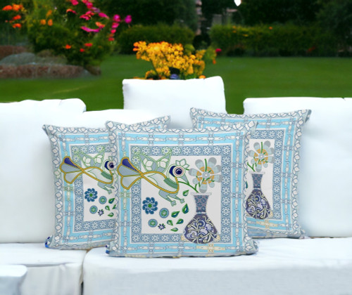 Set of Three 16" X 16" Gray and White Peacock Blown Seam Floral Indoor Outdoor Throw Pillow Polyester