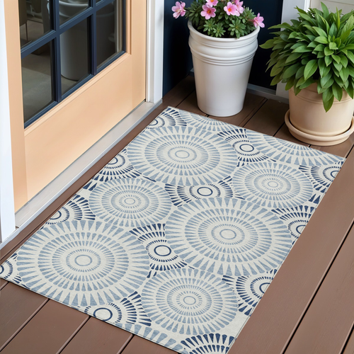 3' X 5' Blue And Ivory Geometric Washable Indoor Outdoor Area Rug