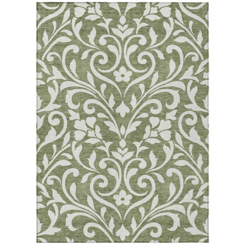 3' X 5' Fern Green And Ivory Floral Washable Indoor Outdoor Area Rug