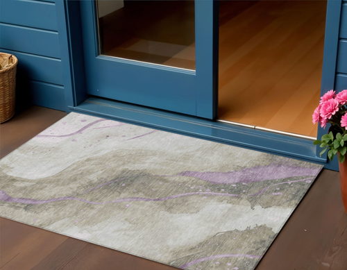 3' X 5' Taupe And Lavender Abstract Washable Indoor Outdoor Area Rug