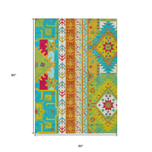 5' X 8' Teal Blue Green And Pink Aztec Washable Indoor Outdoor Area Rug