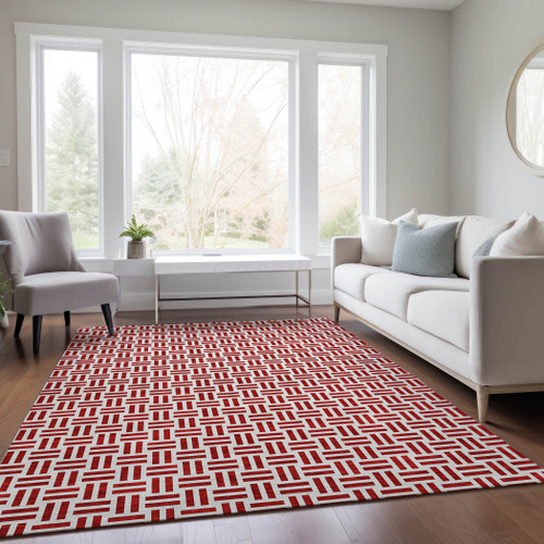3' X 5' Red And Ivory Geometric Washable Indoor Outdoor Area Rug