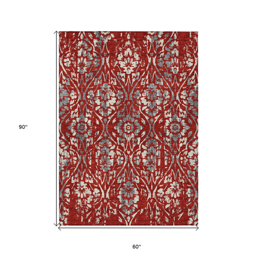 5' X 8' Red Ivory And Dark Gray Floral Washable Indoor Outdoor Area Rug