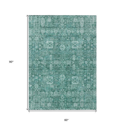 5' X 8' Dark Green And Aqua Oriental Washable Indoor Outdoor Area Rug