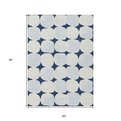 5' X 8' Navy Blue Gray And Ivory Abstract Washable Indoor Outdoor Area Rug