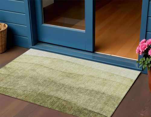 3' X 5' Olive Green And Artichoke Green Ombre Washable Indoor Outdoor Area Rug