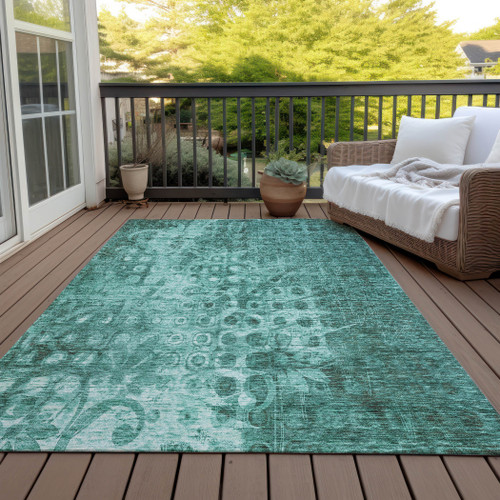 3' X 5' Teal Blue Ikat Washable Indoor Outdoor Area Rug