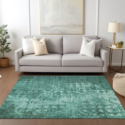 3' X 5' Teal Blue Ikat Washable Indoor Outdoor Area Rug