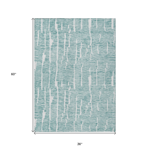 3' X 5' Teal Blue And Ivory Abstract Washable Indoor Outdoor Area Rug