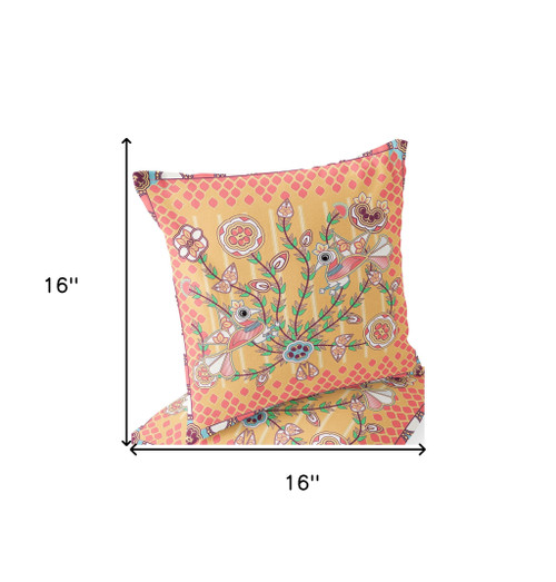 Set of Two 16" X 16" Yellow and Peach Peacock Blown Seam Floral Indoor Outdoor Throw Pillow