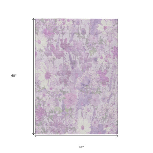 3' X 5' Lavender Purple And Lilac Floral Washable Indoor Outdoor Area Rug