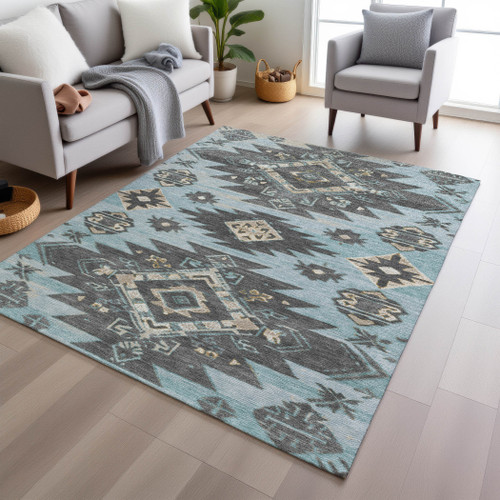 5' X 8' Teal Blue And Charcoal Tribal Washable Indoor Outdoor Area Rug