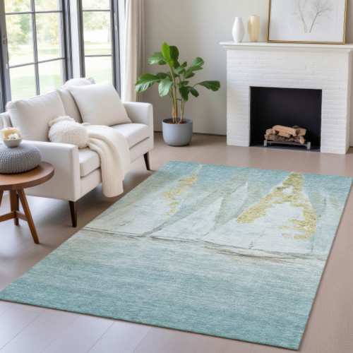 5' X 8' Teal Blue And Gold Nautical Washable Indoor Outdoor Area Rug