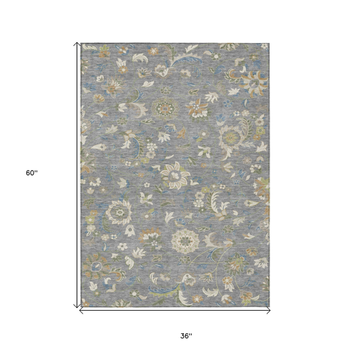3' X 5' Gray Blue And Green Floral Washable Indoor Outdoor Area Rug