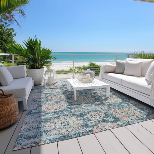 5' X 8' Teal Blue And Sky Blue Floral Washable Indoor Outdoor Area Rug