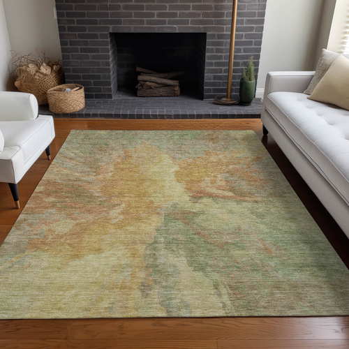5' X 8' Artichoke Green And Gold Abstract Washable Indoor Outdoor Area Rug