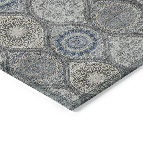5' X 8' Gray Ivory And Navy Blue Floral Medallion Washable Indoor Outdoor Area Rug
