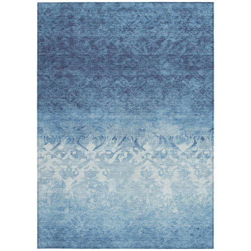 5' X 8' Denim Blue And Ivory Damask Washable Indoor Outdoor Area Rug - Denim Blue, Ivory