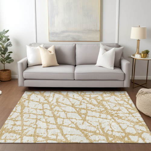 3' X 5' Gold And Ivory Abstract Washable Indoor Outdoor Area Rug