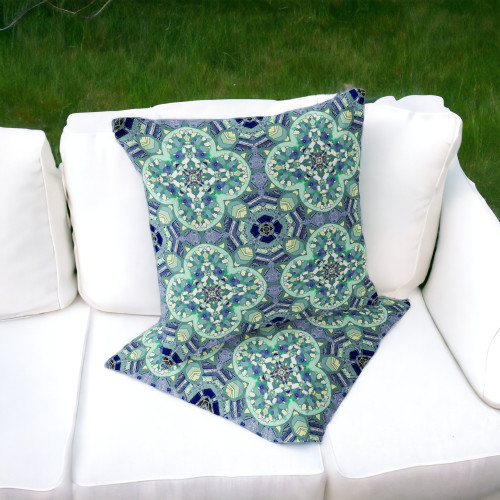 Set of Two 16" X 16" Blue and Green Blown Seam Floral Indoor Outdoor Throw Pillow Polyester Home Accent