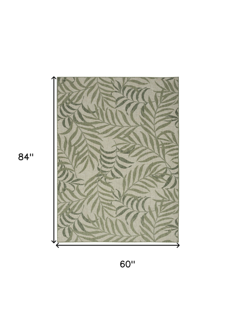 5' X 7' Ivory And Green Palm Leaf Indoor Outdoor Area Rug