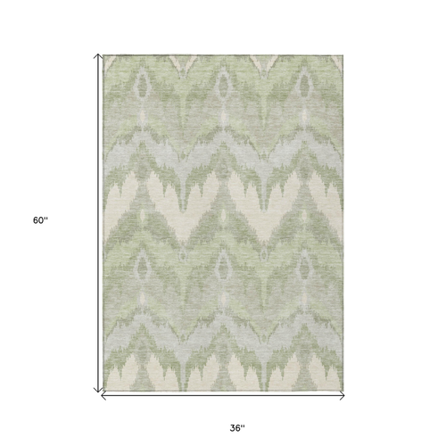 3' X 5' Artichoke Green And Beige Ikat Washable Indoor Outdoor Area Rug