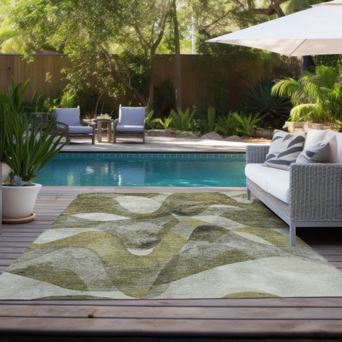 5' X 8' Olive Green Abstract Washable Non Skid Indoor Outdoor Area Rug Contemporary Style - Olive Green Color