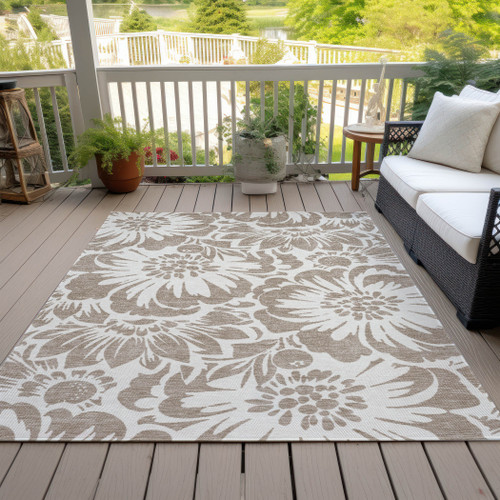 3' X 5' Taupe and Ivory Floral Washable Non Skid Indoor Outdoor Area Rug