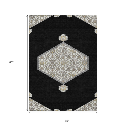 3' X 5' Black Gray And Ivory Oriental Washable Indoor Outdoor Area Rug