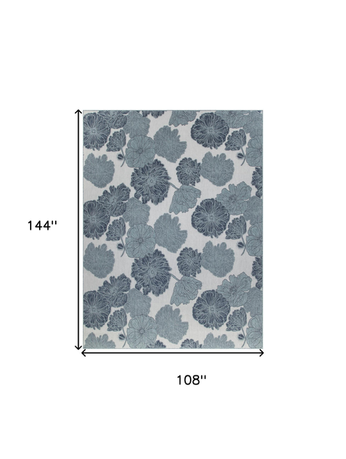 9' X 12' Navy Blue And Ivory Floral Indoor Outdoor Area Rug