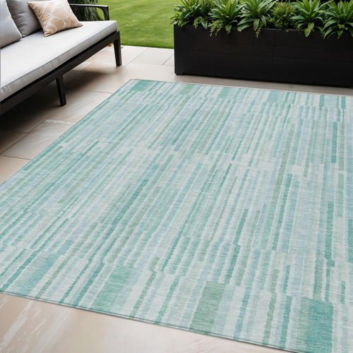 5' X 8' Turquoise And Pale Aqua Striped Washable Indoor Outdoor Area Rug