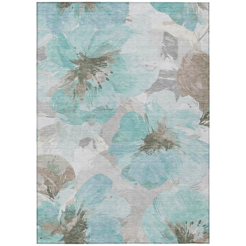 3' X 5' Teal Blue And Aqua Floral Washable Indoor Outdoor Area Rug