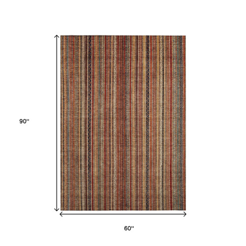 5' X 8' Rust Taupe And Gray Striped Washable Indoor Outdoor Area Rug