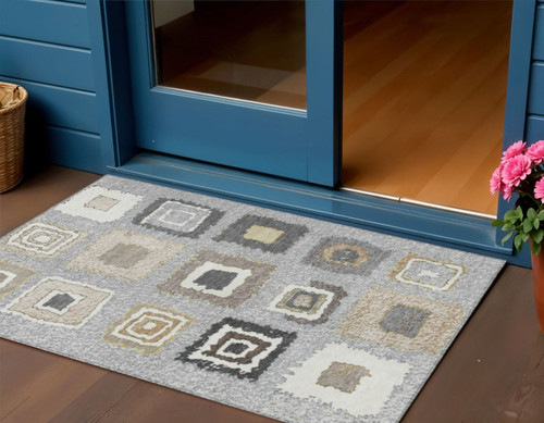 3' X 5' Gray Charcoal And Beige Geometric Washable Indoor Outdoor Area Rug
