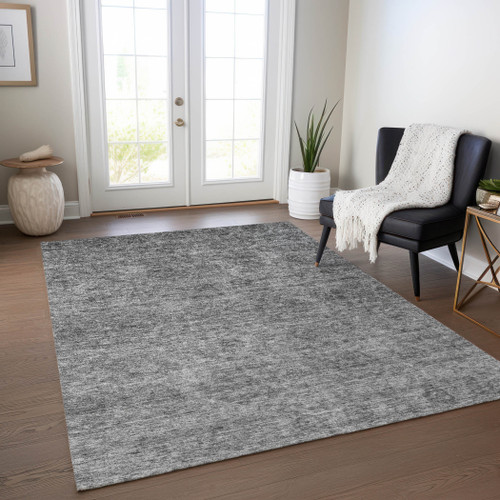 5' X 8' Gray And Charcoal Floral Washable Indoor Outdoor Area Rug