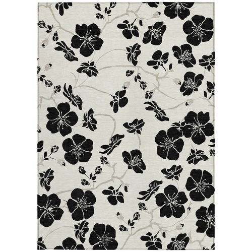 5' X 8' Ivory And Black Floral Washable Indoor Outdoor Area Rug