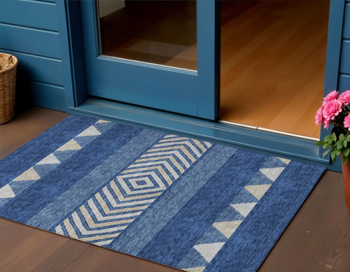 3' X 5' Navy Blue Ivory And Beige Southwestern Washable Indoor Outdoor Area Rug