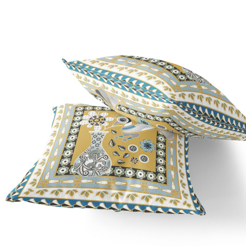 Set of Two 16" X 16" Beige and White Peacock Blown Seam Floral Indoor Outdoor Throw Pillow Polyester Decor