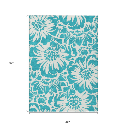 3' X 5' Teal and Ivory Floral Washable Non Skid Indoor Outdoor Area Rug