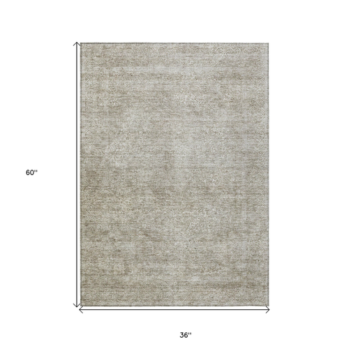 3' X 5' Linen And Gray Floral Washable Indoor Outdoor Area Rug