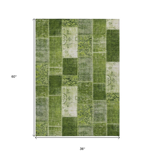 3' X 5' Olive Green And Artichoke Green Patchwork Washable Indoor Outdoor Area Rug