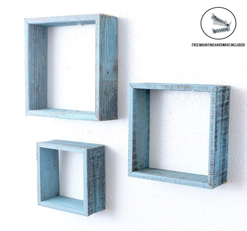 Set Of 3 Square Robins Egg Blue Reclaimed Wood Open Box Shelve