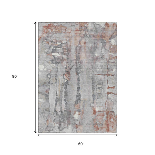 5' X 8' Copper And Gray Abstract Washable Indoor Outdoor Area Rug - Copper, Gray