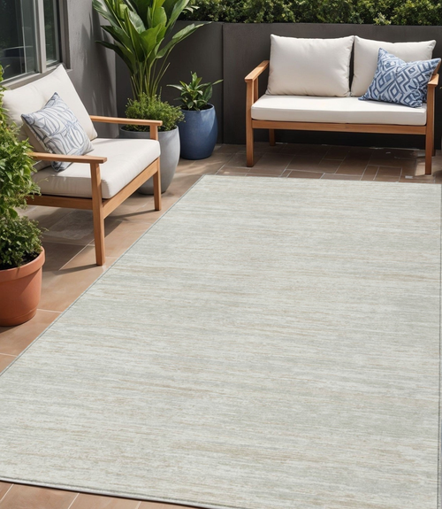 5' X 8' Ivory And Gray Striped Washable Indoor Outdoor Area Rug