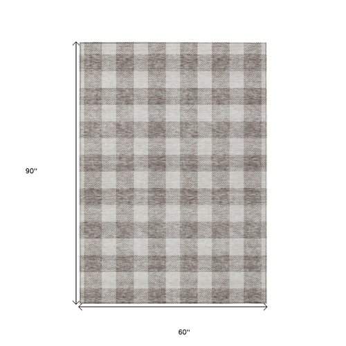 5' X 8' Taupe And Gray Plaid Washable Indoor Outdoor Area Rug